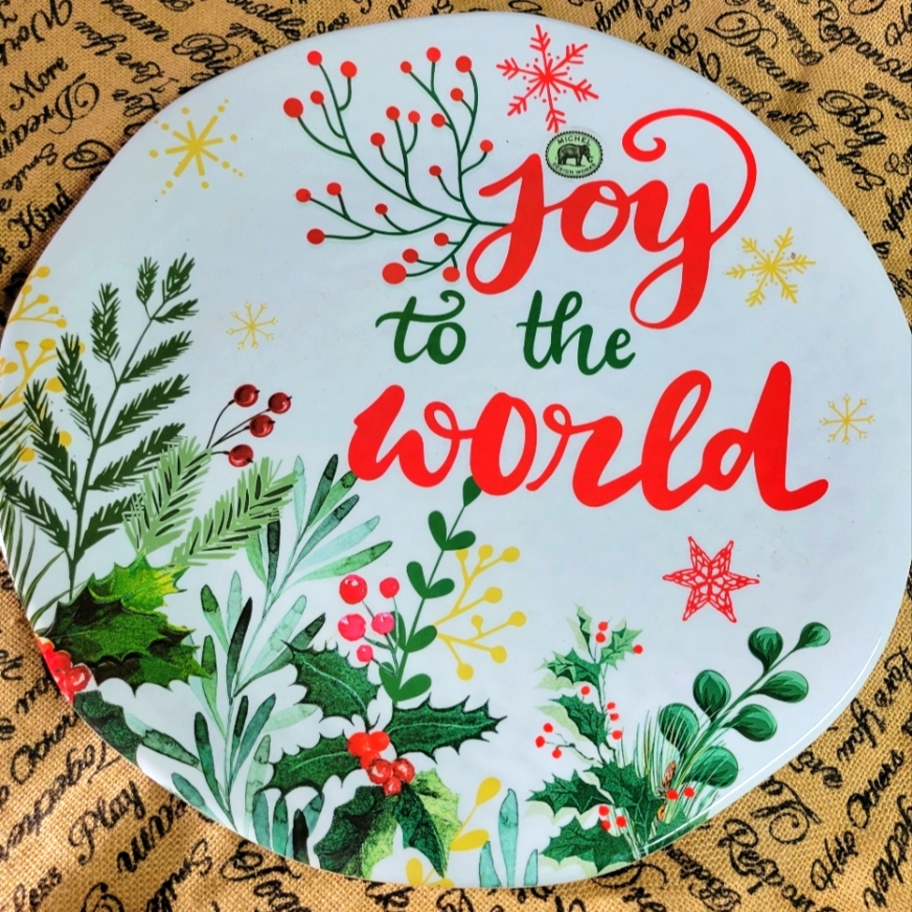 Michel design works 18" round platter says JOY to the world